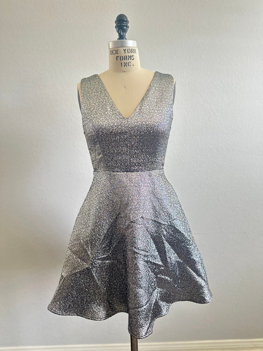 C. Luce Metallic Skater Fit and Flare Dress Silver Gray V Neck Sleeveless Size S